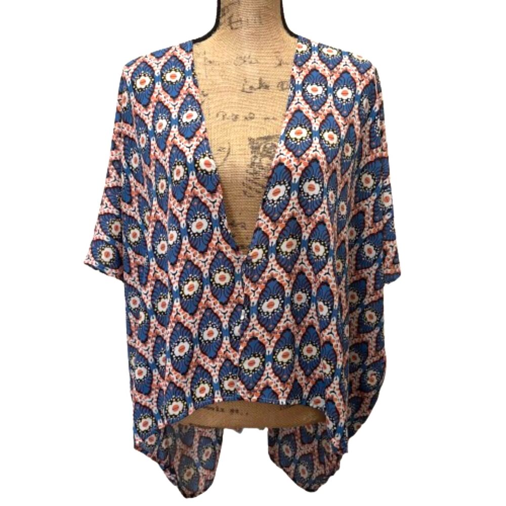 Umgee USA Kimono Sleeve Blouse Blue Orange Geometric Medallion Mixed Print Small